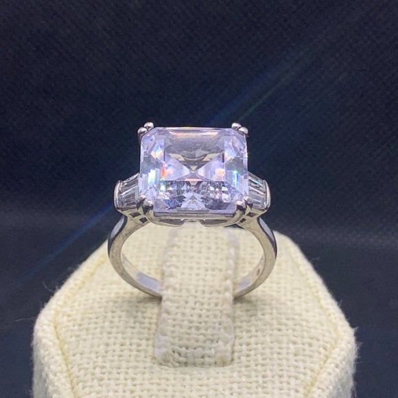 Jewelry - Sterling Silver Princess Cut CZ Engagement Ring w/ Baguette Side Stones SZ 6.5